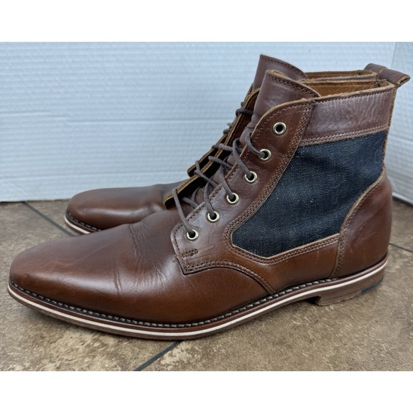 HELM Sam Lace Up Dress Boots Brown Horween Leather Blue Denim Size 11D USA Made - Picture 4 of 11